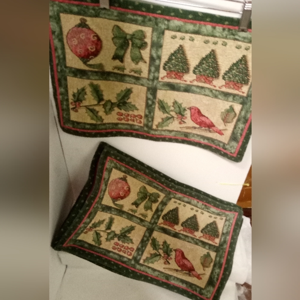 Vintage Set 8 Christmas PlaceMats Woven Tapestry Red Bird, Ornament Trees 18"x12